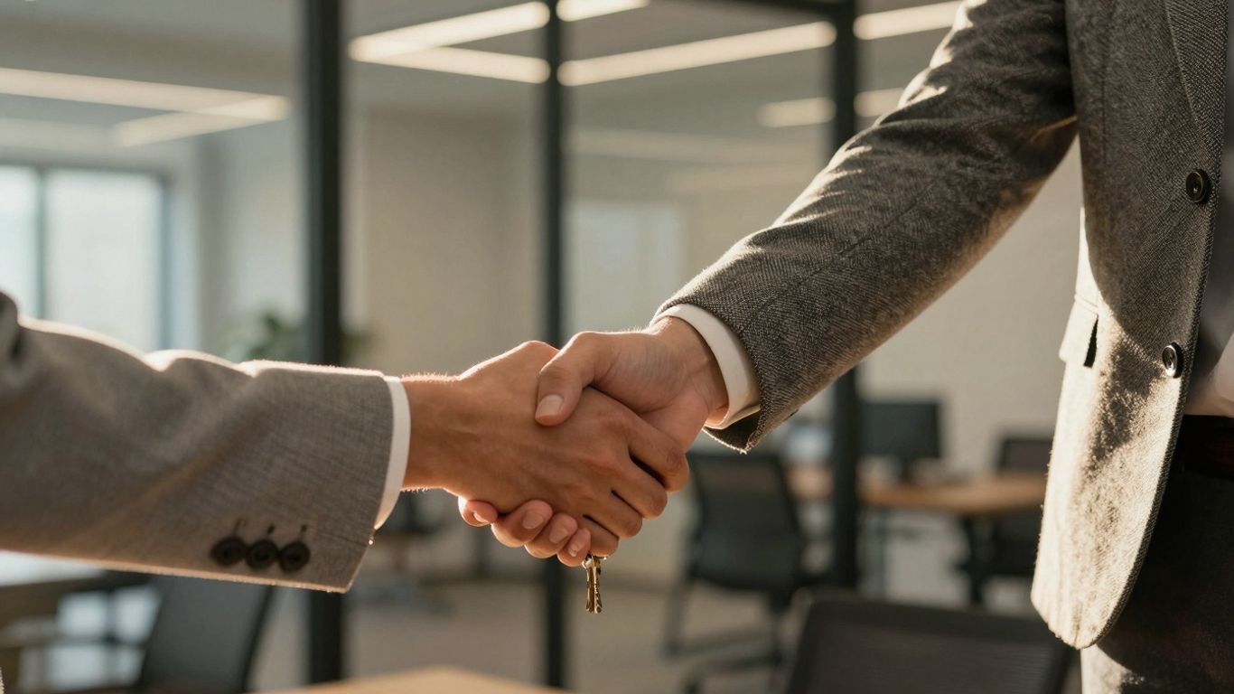 Business handshake with a key, symbolizing acquisition.