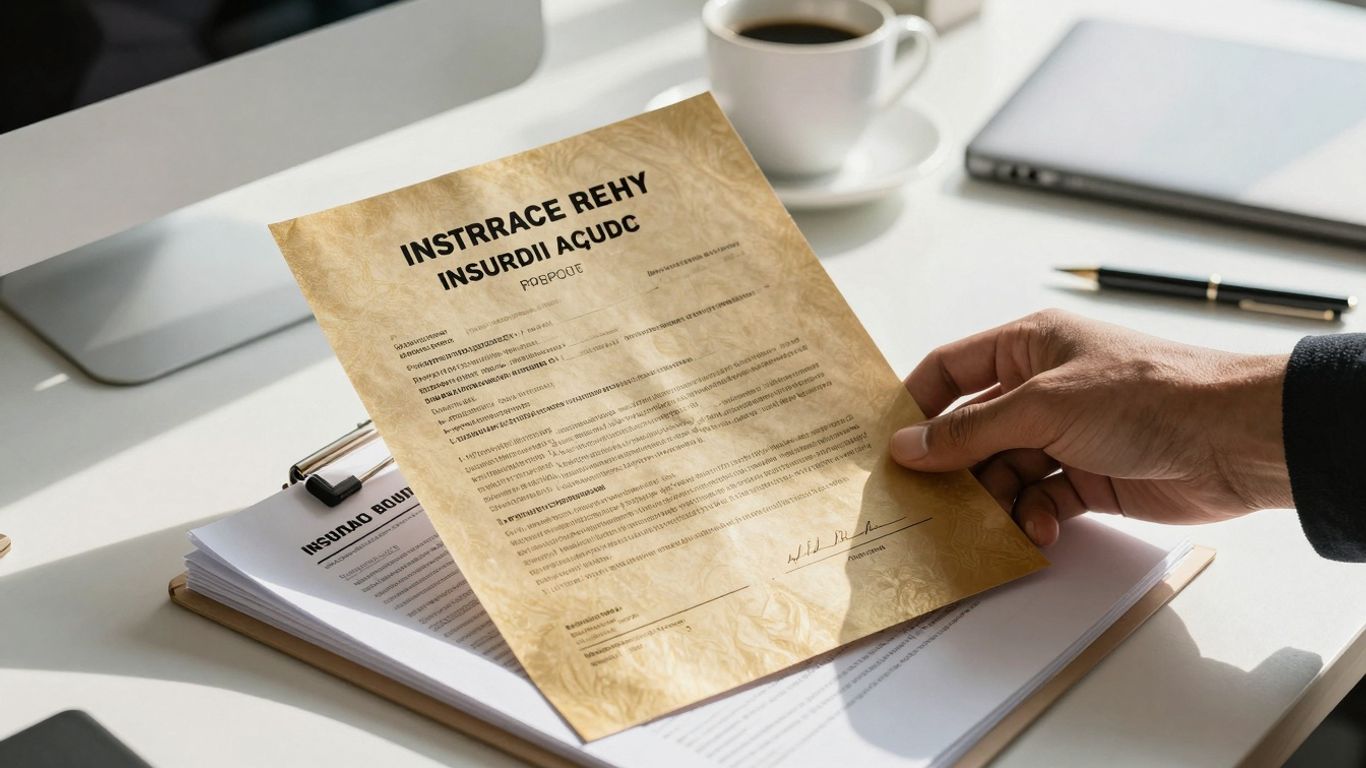 Insurance policy document on financial assets in a modern office.