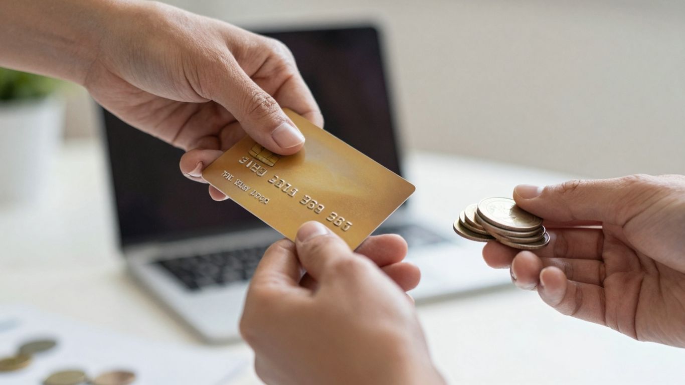 Hands exchanging credit card and coins for financing.