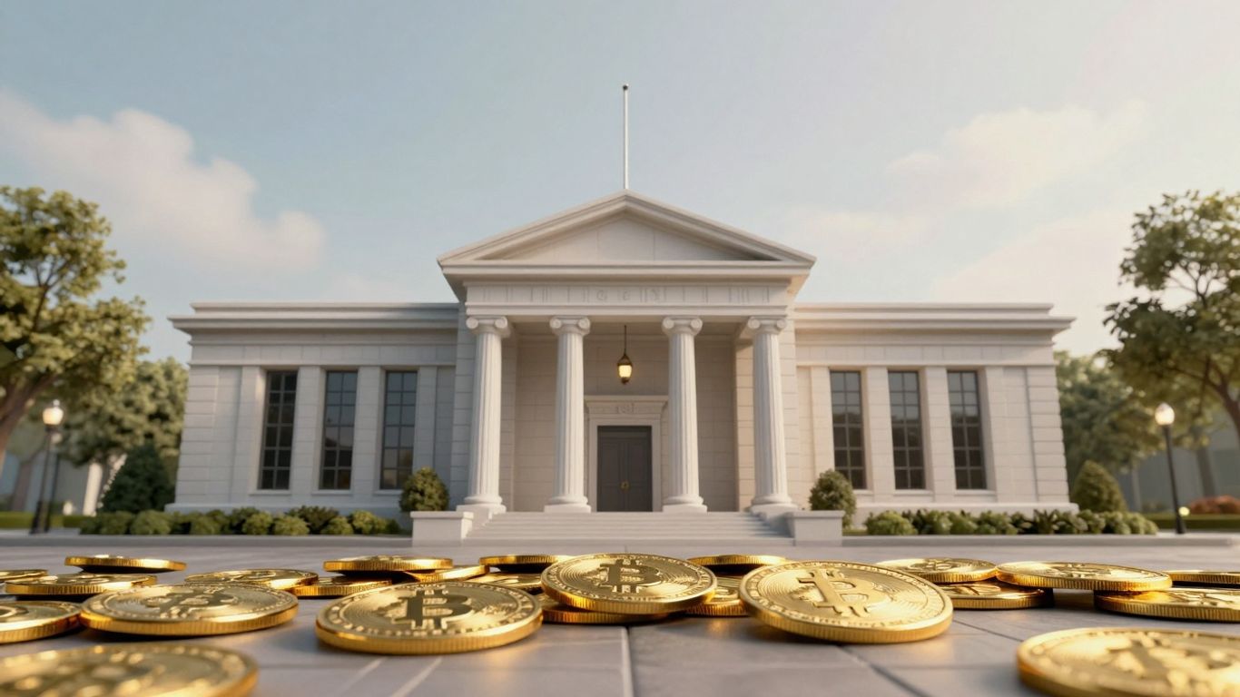 Digital currency flowing into a central bank building.