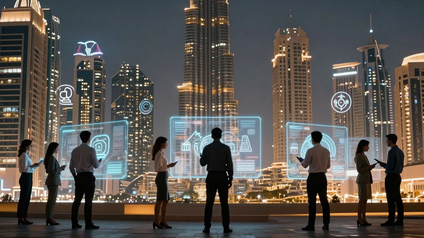 UAE EdTech leaders in a modern, futuristic cityscape.