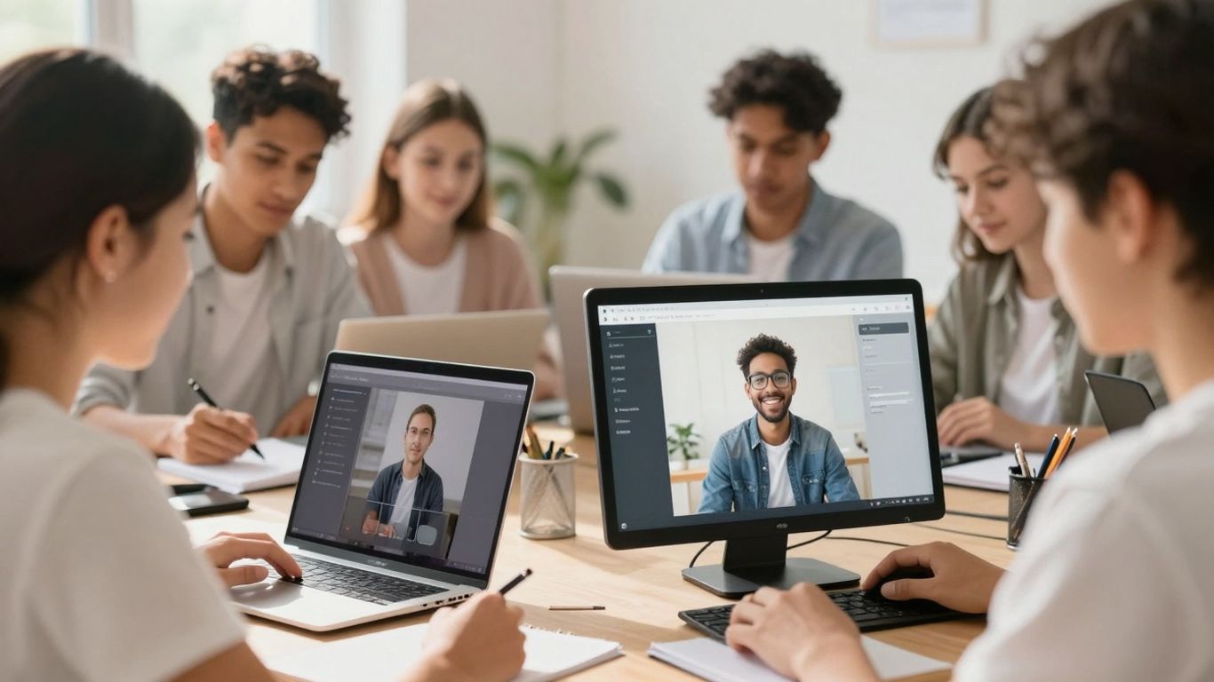 Students learning online with Noon Academy in a bright, modern setting.