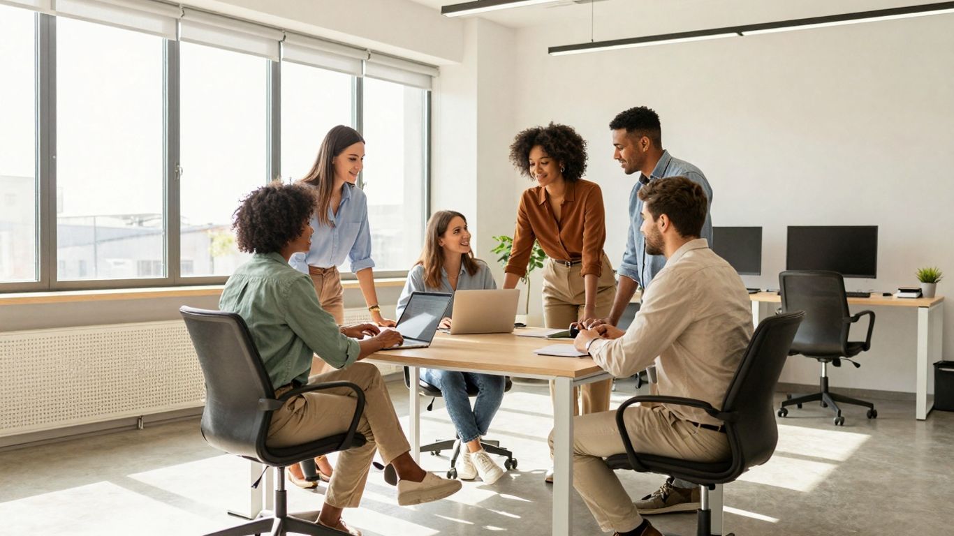 Ministry of Education staff collaborating in a modern office.