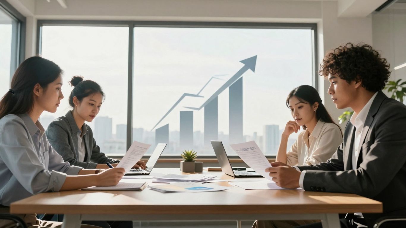 Pension fund allocation discussion in a modern office.