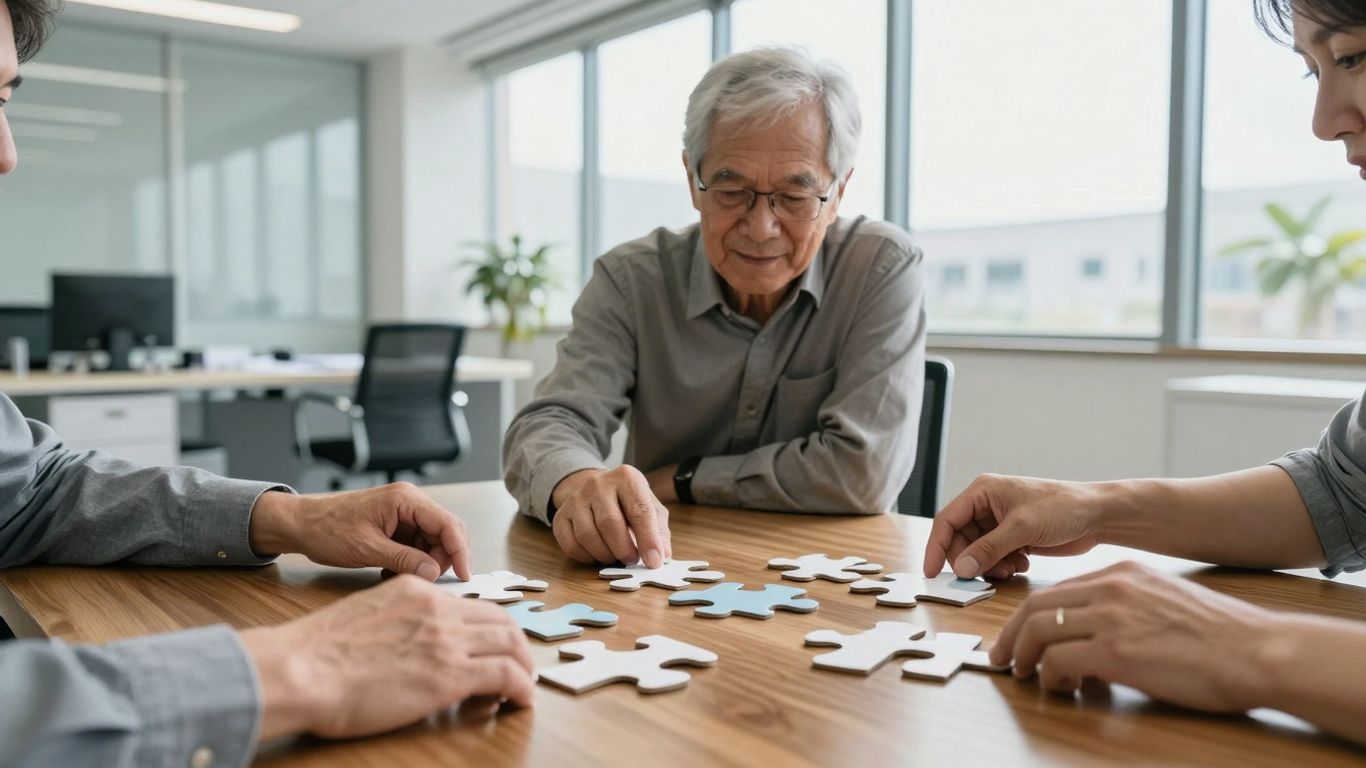 Pension fund hands assembling a financial strategy puzzle.