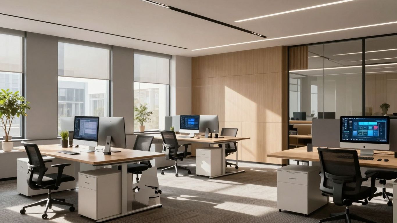 Modern real estate technology office interior with natural light.