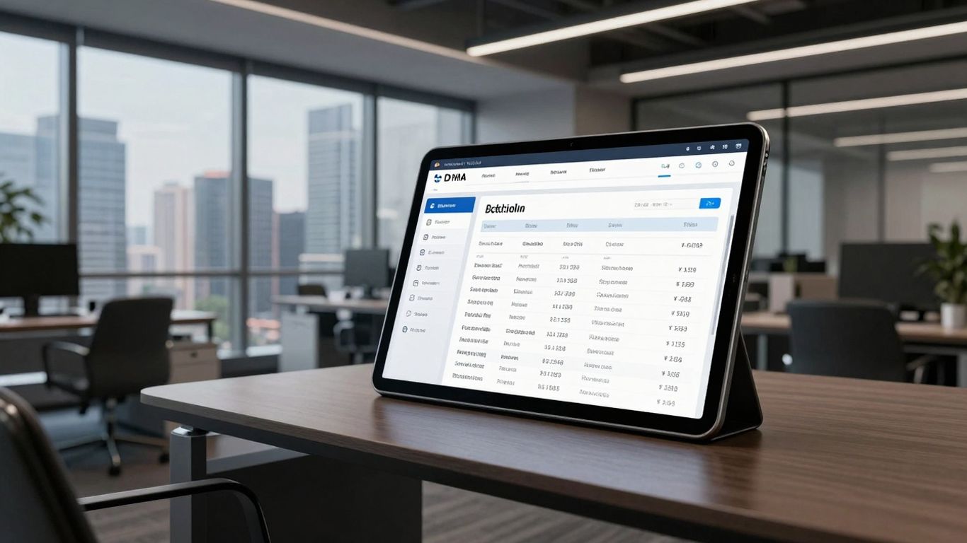 Modern office space with digital property data on tablet.
