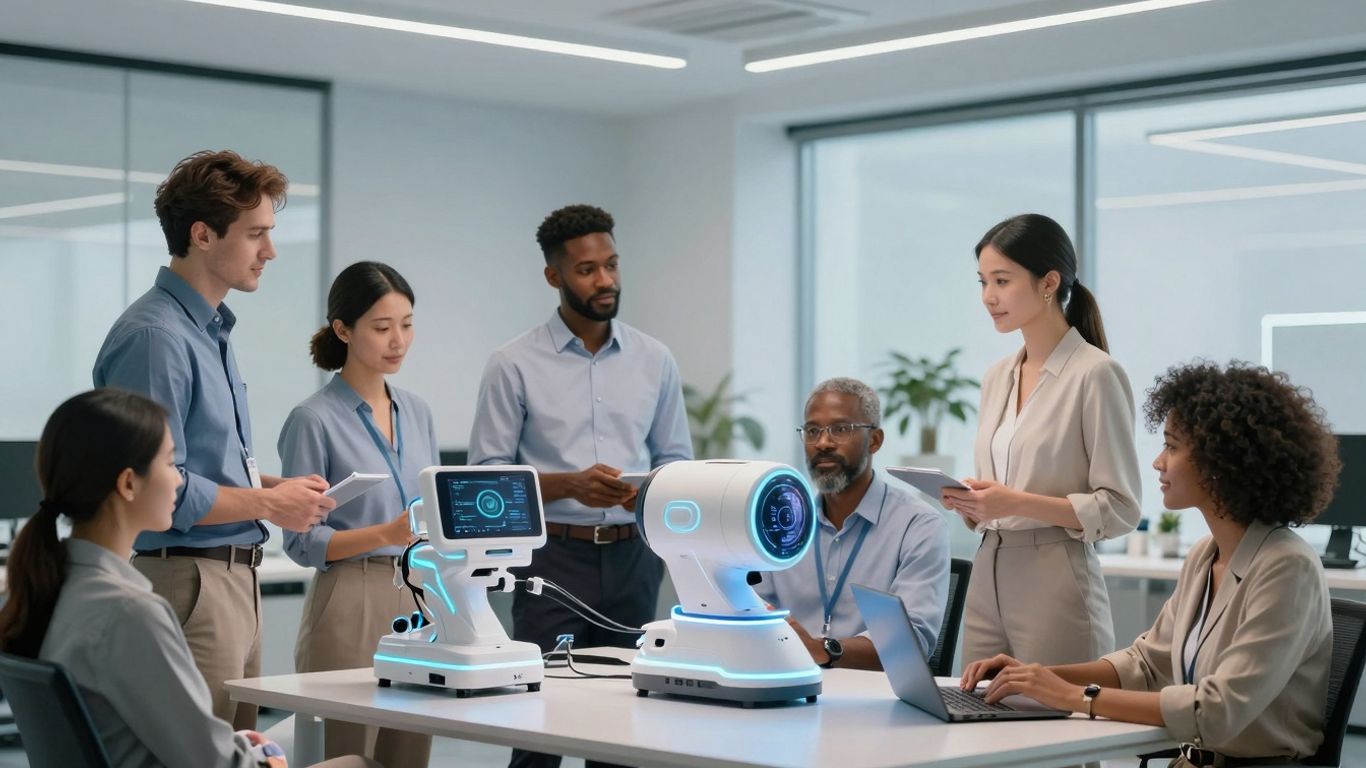 HealthTech leaders collaborating with advanced medical technology.