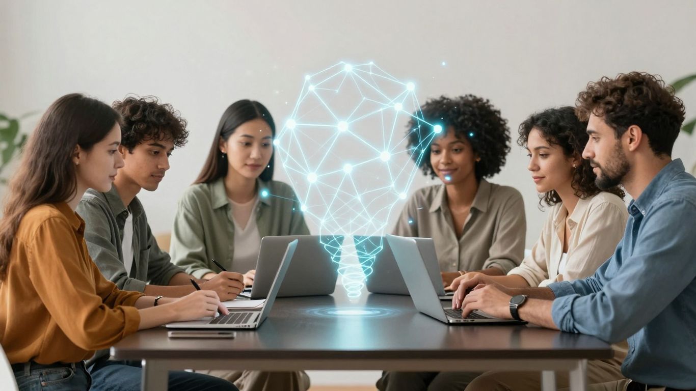 AI innovators collaborating with glowing neural network patterns.