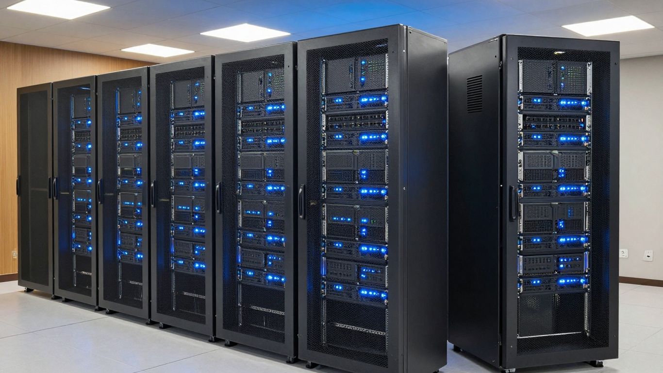 Modern AI server room with glowing blue lights and hardware.