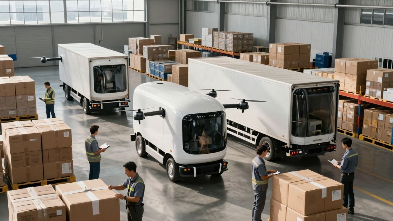 Modern logistics hub with drones and trucks.