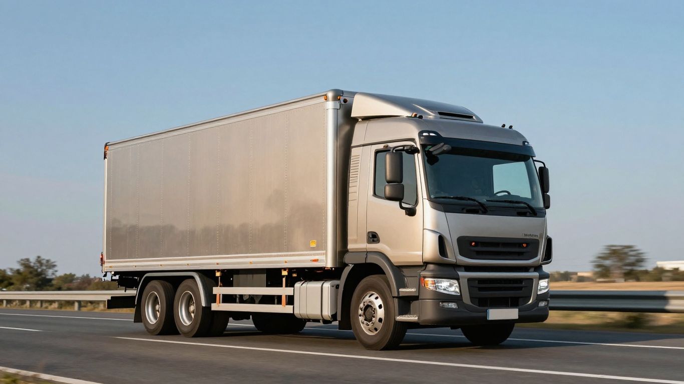 Modern delivery truck in motion on a highway.