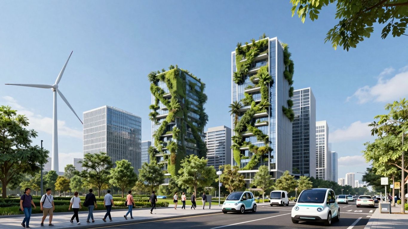 Modern green city with clean energy and happy people.