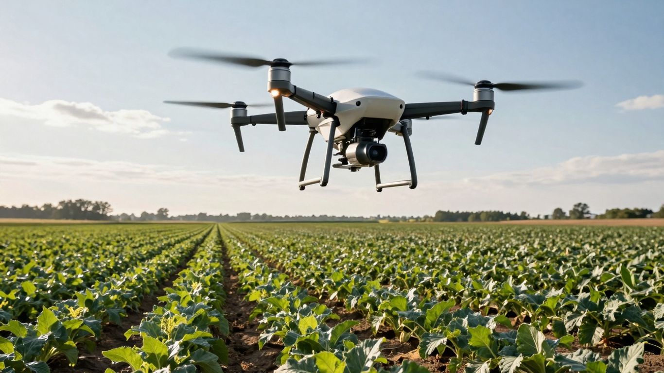 Modern farm with drone, healthy crops, and sunlight.