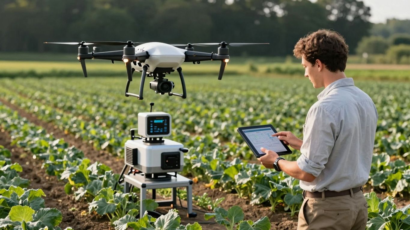 Modern farm technology with drones and farmer inspecting data.