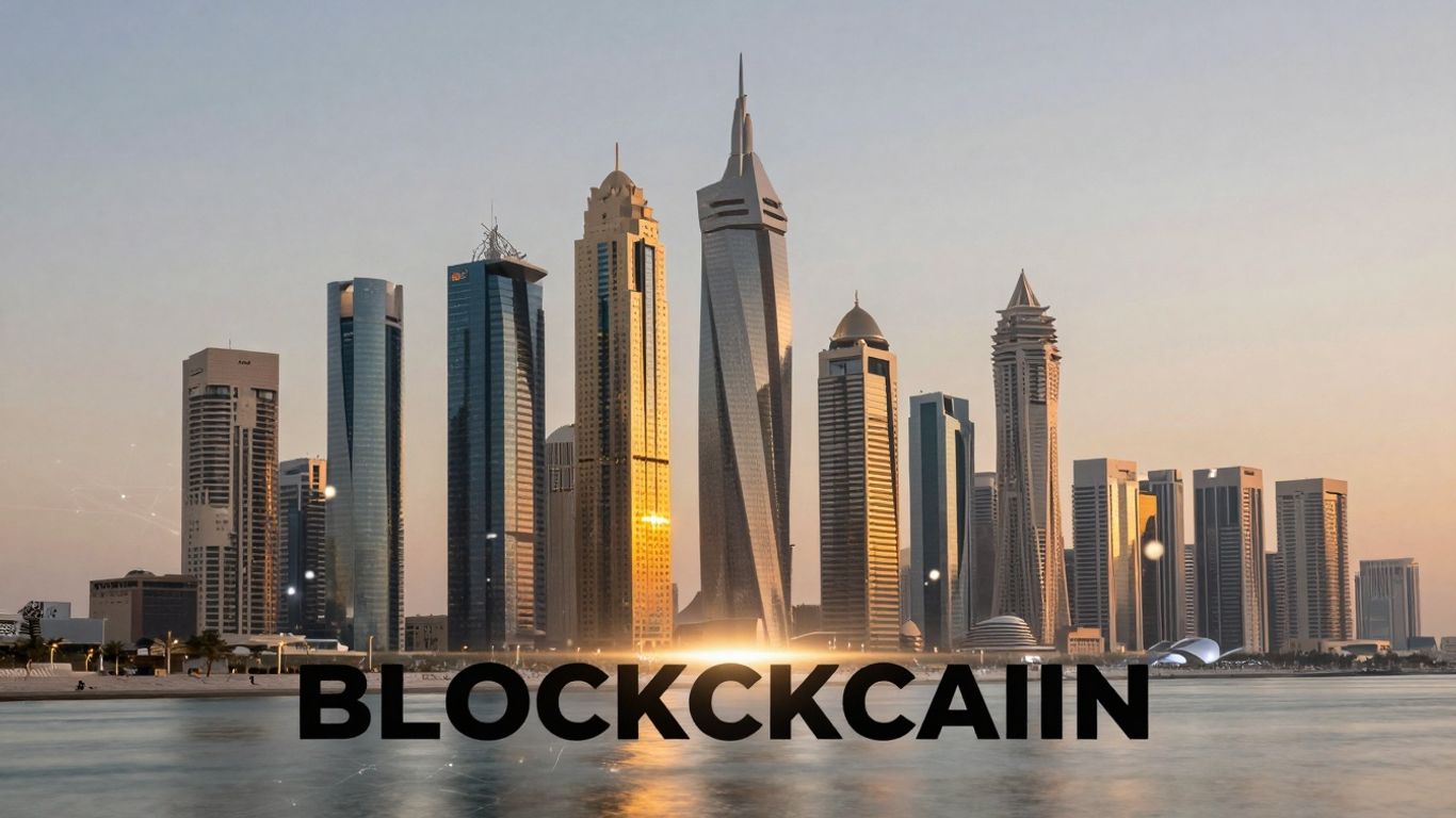 UAE cityscape with blockchain network overlay at sunset.