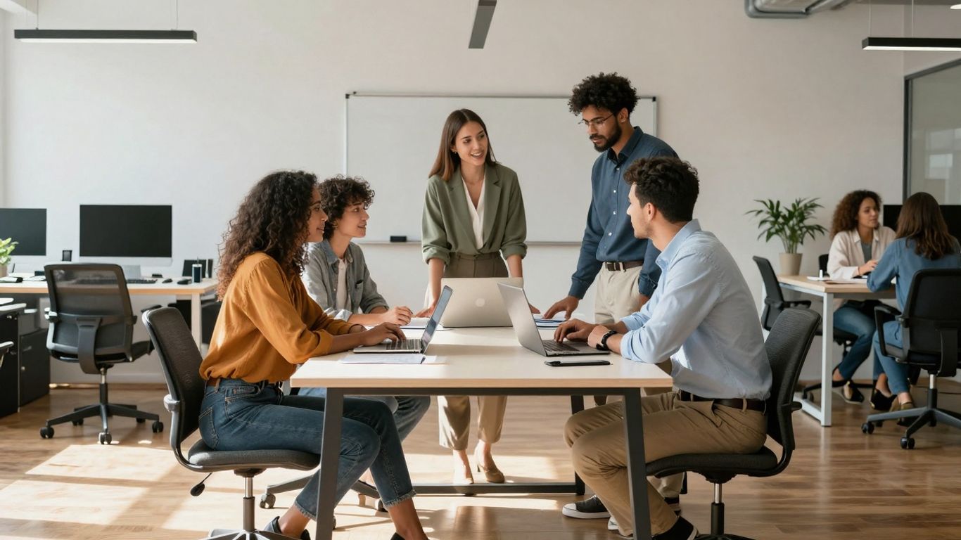 Team collaborating in a modern, sunlit office.