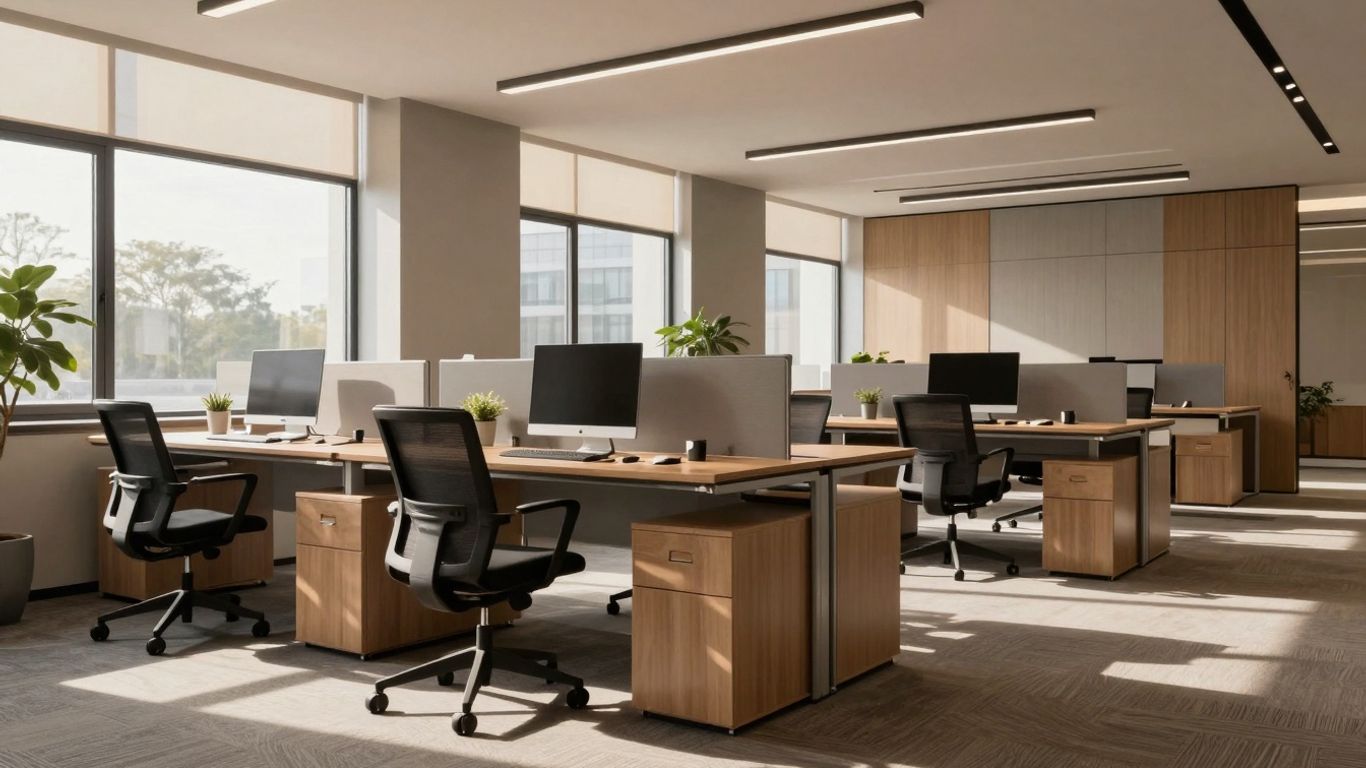 Modern office interior with sunlight and warm colors.