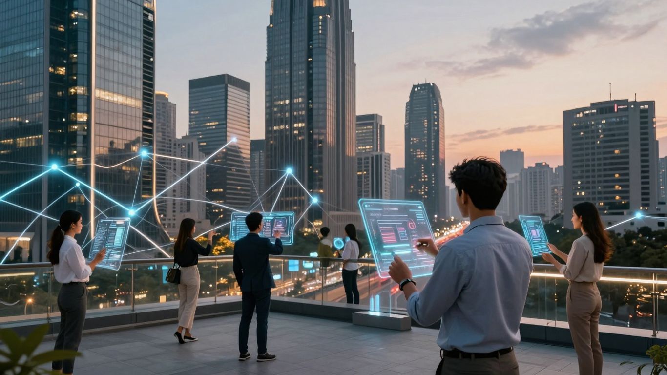 Modern cityscape with digital network lines and people using tech.