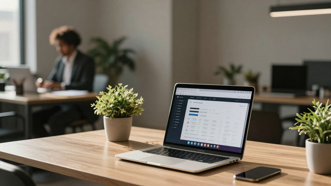 Modern office desk with laptop, sunlight, and plant.