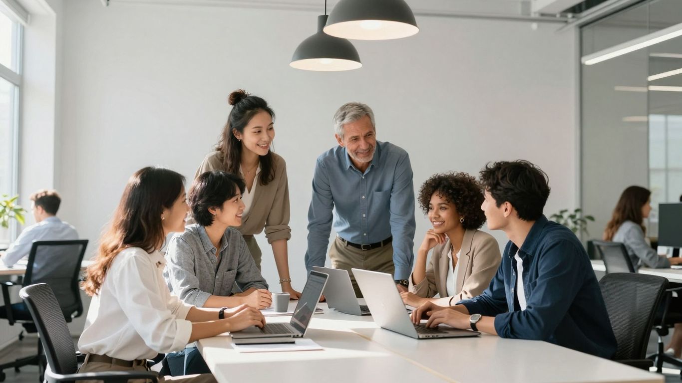 District Cover InsurTech startup team collaborating in modern office.