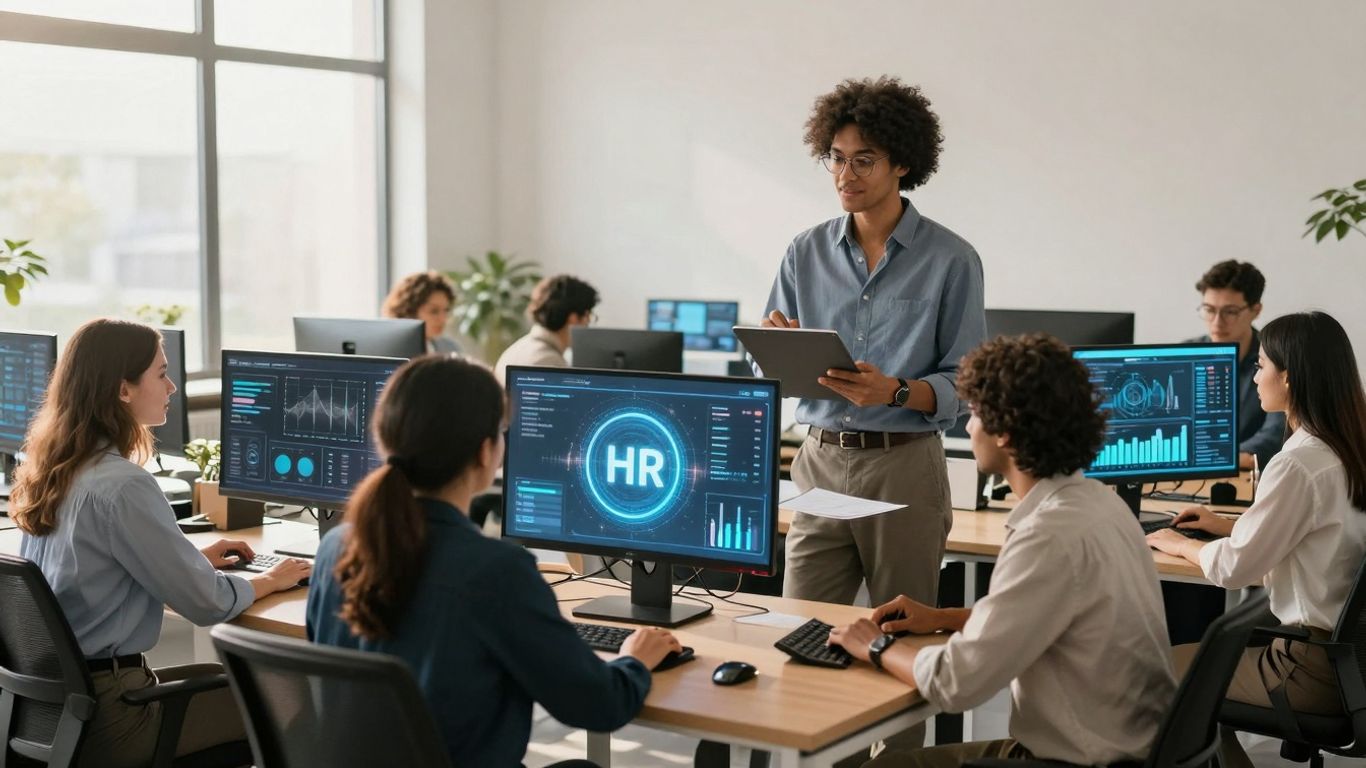 Modern HRTech companies and human resources software interfaces.