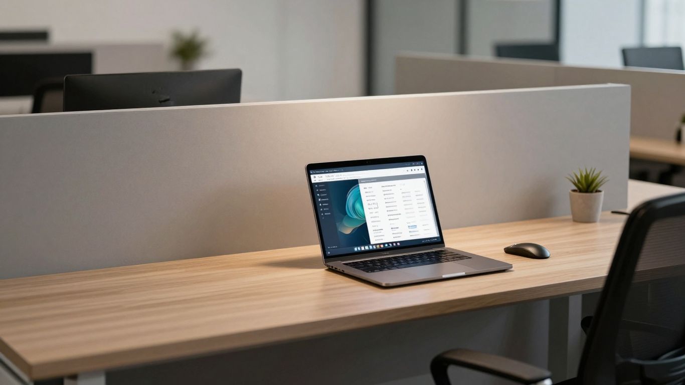 Modern office with HR software on a laptop screen.