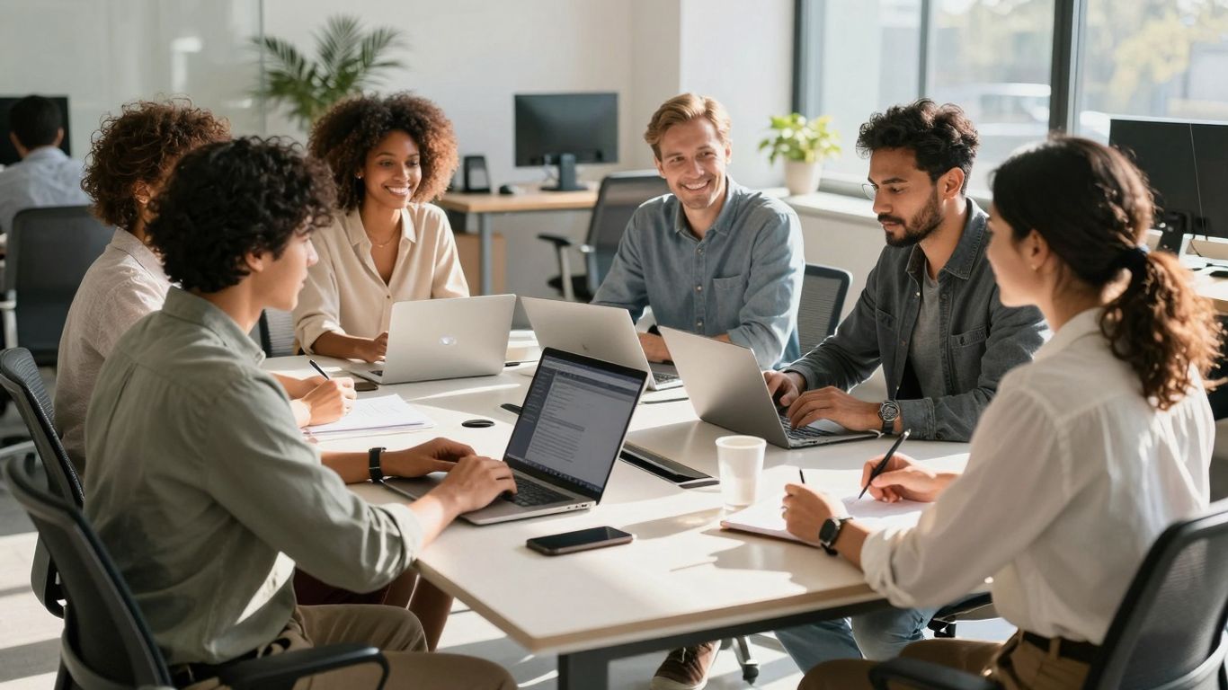 Modern office with professionals collaborating at a conference table.