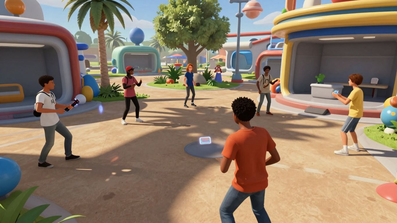 Avatars interacting in a colorful, futuristic virtual space.