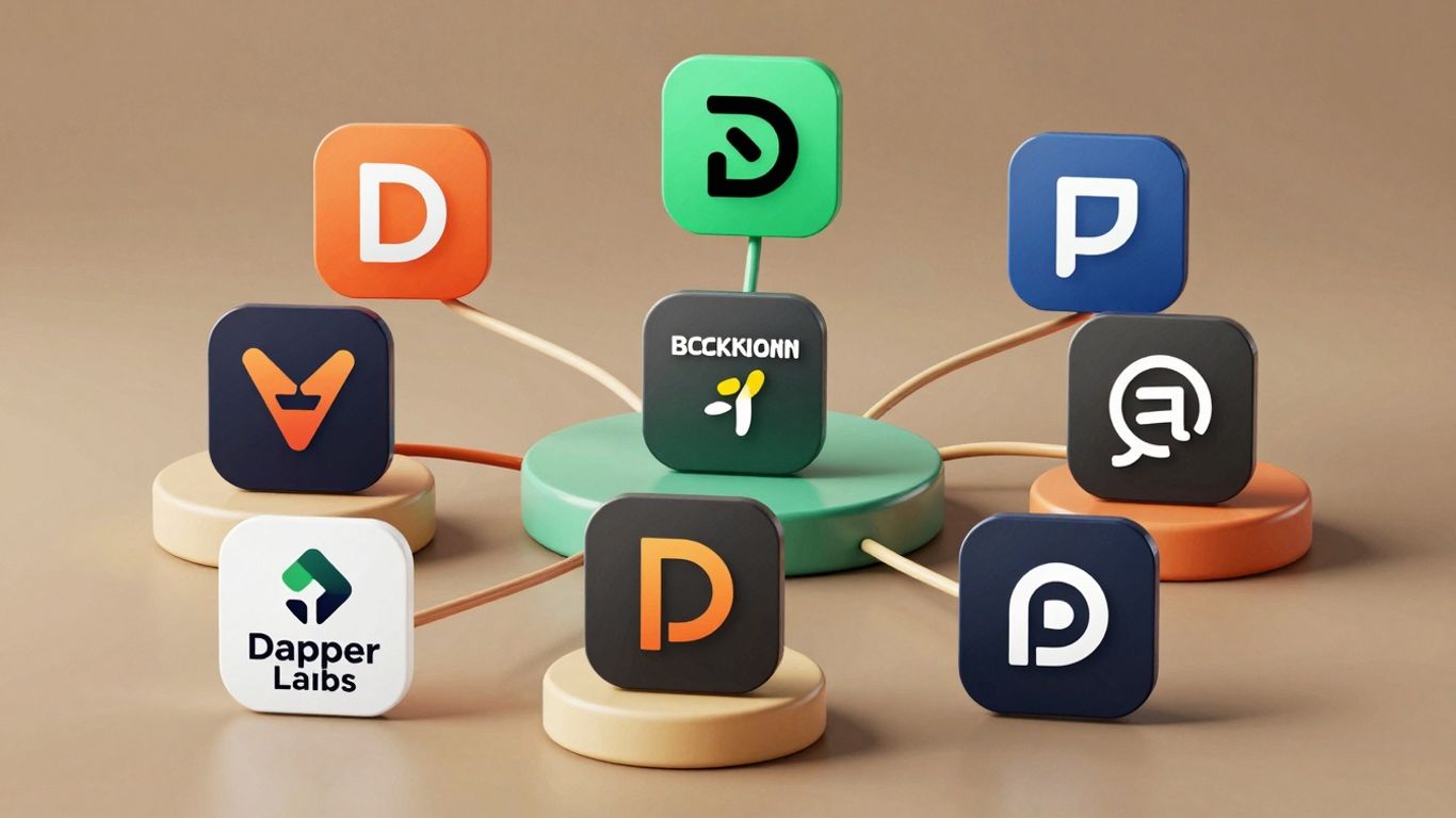 Dapper Labs logo with digital collectibles and blockchain elements.