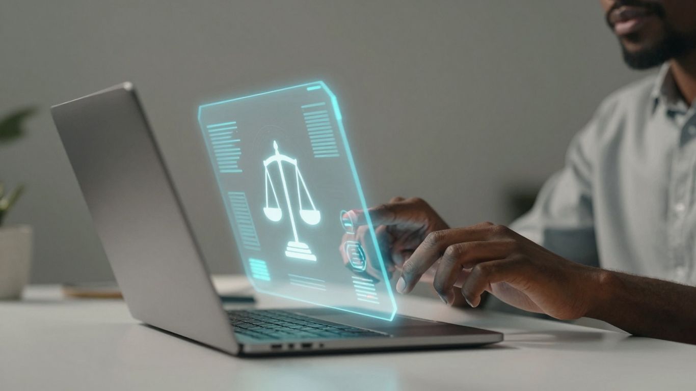 Modern legal tech interface with abstract symbols and hand interaction.