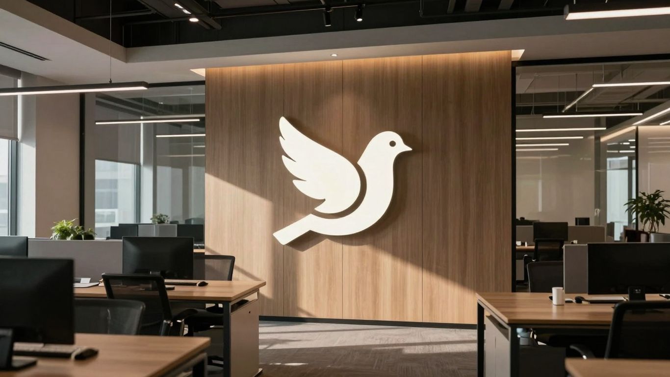Modern office with pigeon icon, legal tech startup
