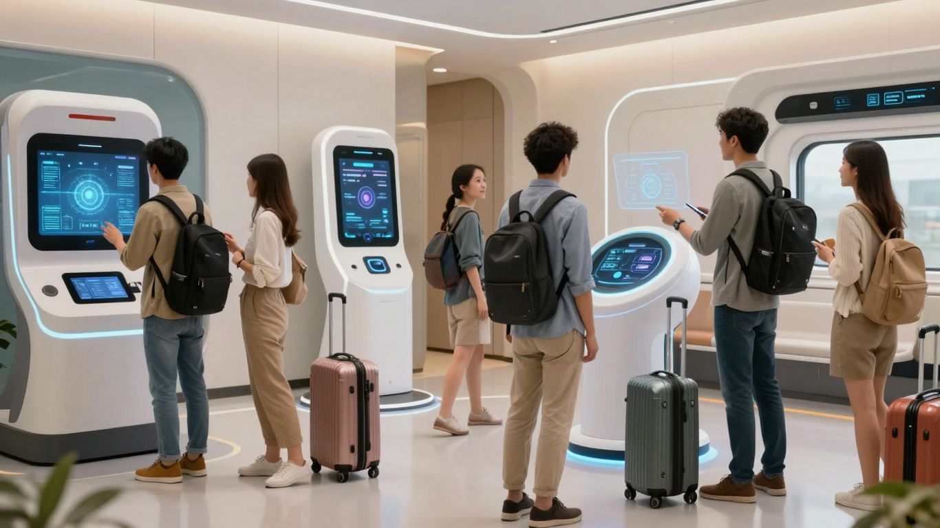 Futuristic travel technology with travelers and innovative concepts.