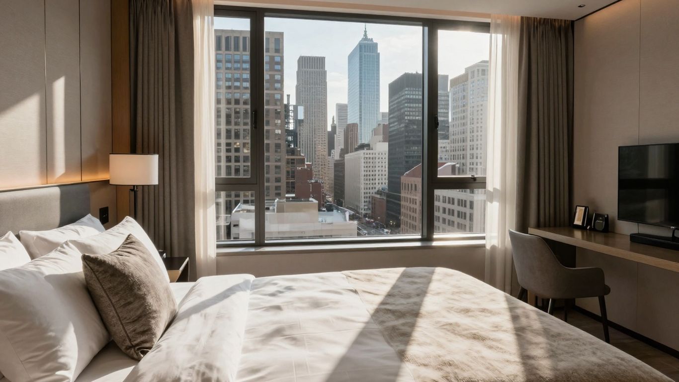 Modern hotel room interior with city view