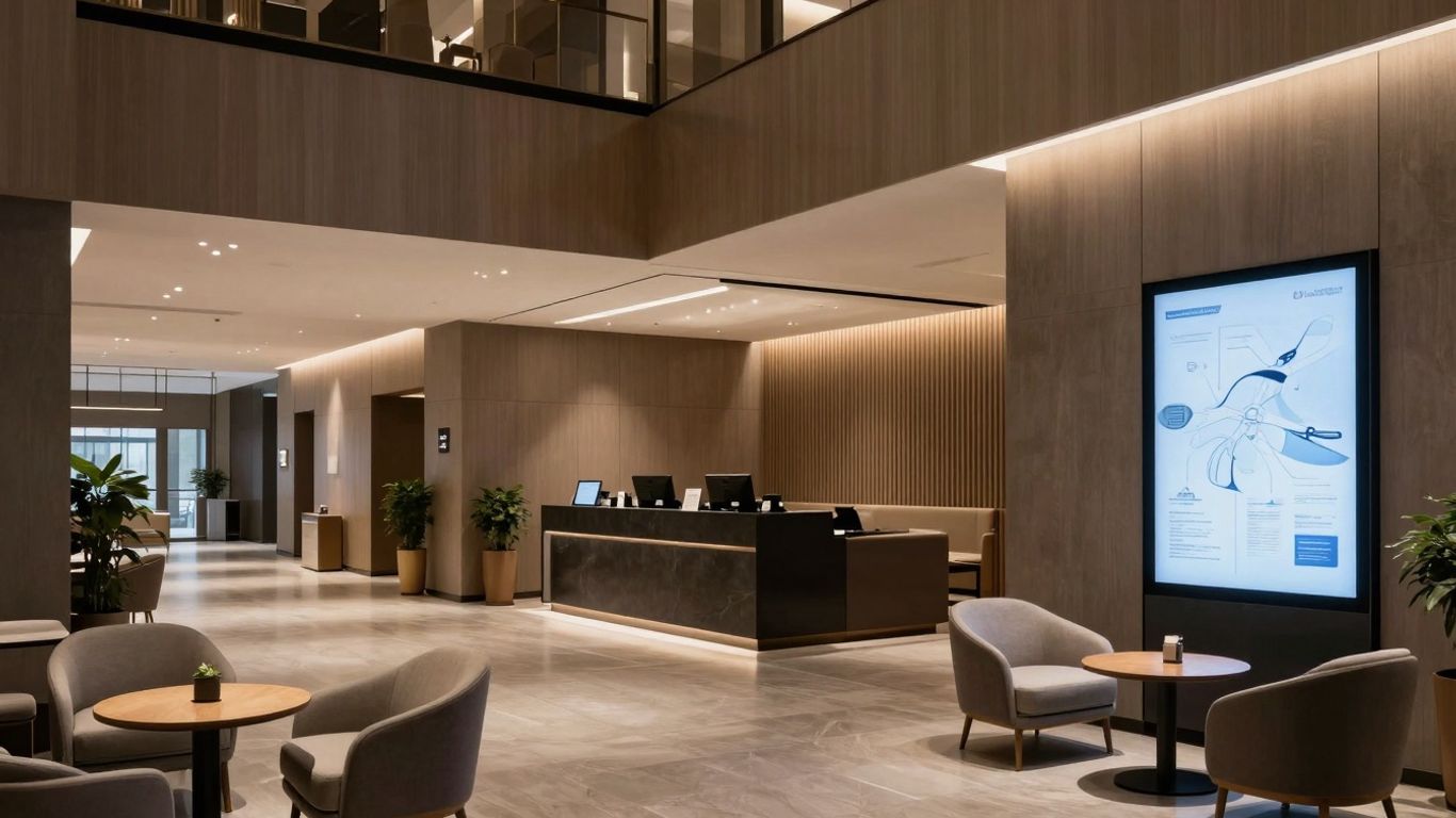 Modern hotel lobby with digital display