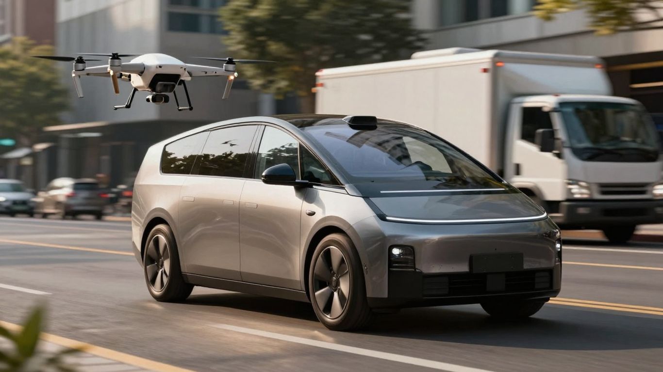 Futuristic vehicles and drone in a modern city.