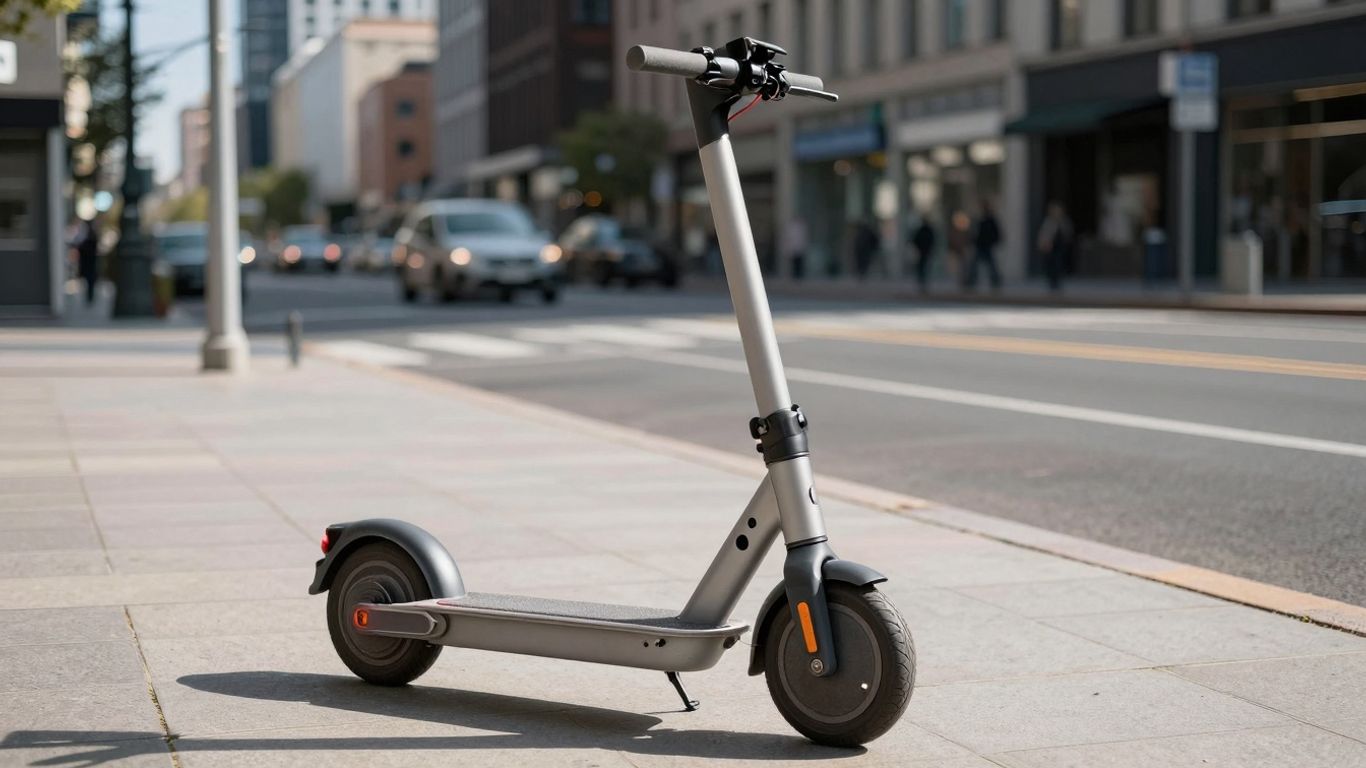 Modern electric scooter on a city sidewalk.