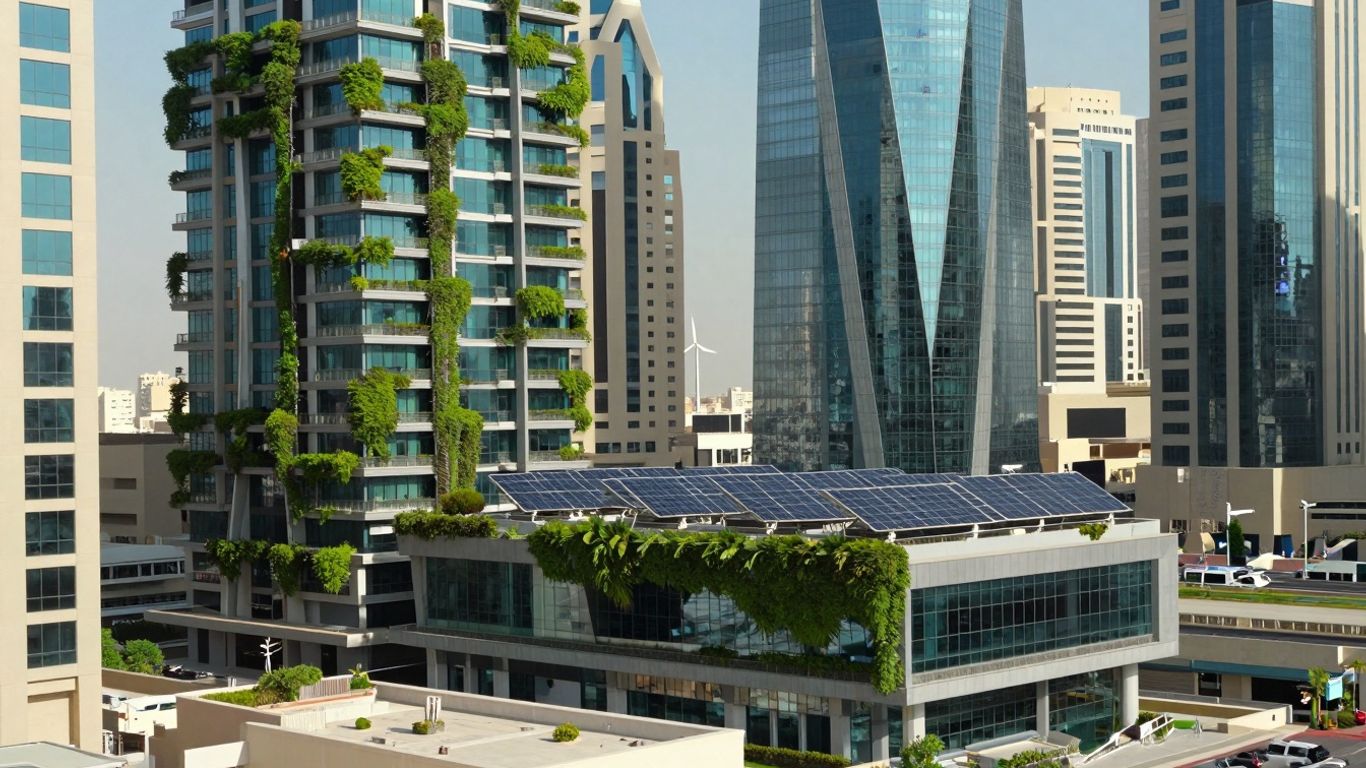 UAE cityscape with clean energy technology integrated into buildings.