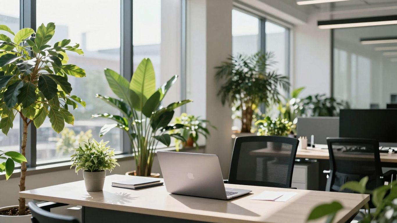 Modern office with plants and sunlight