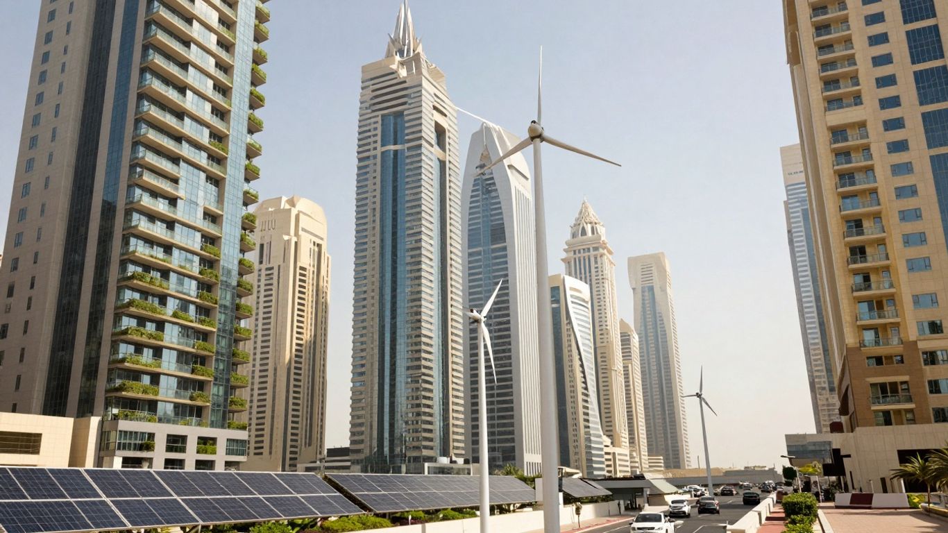 UAE green economy cityscape with clean energy integration.