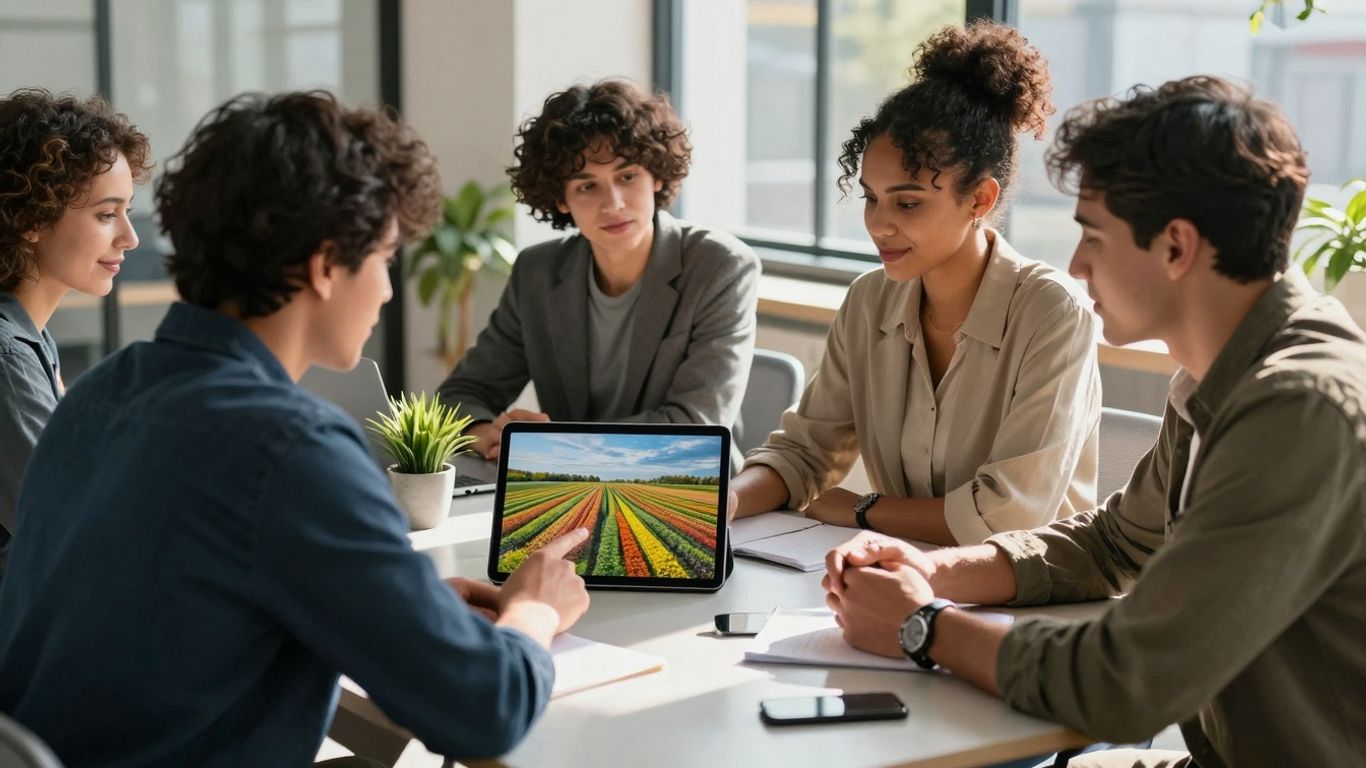 Team planning agritech startup strategy with tablet.