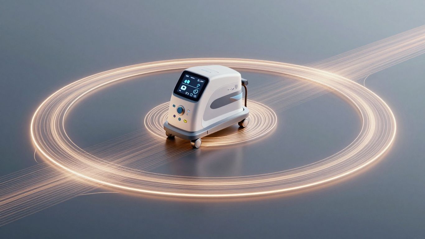 HealthTech regulatory pathway with medical device and glowing path.