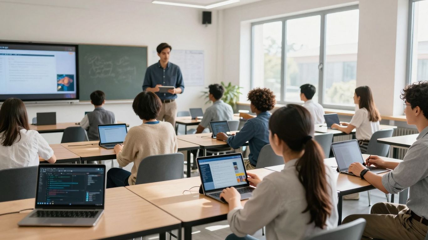 Educators and students using modern digital learning devices.