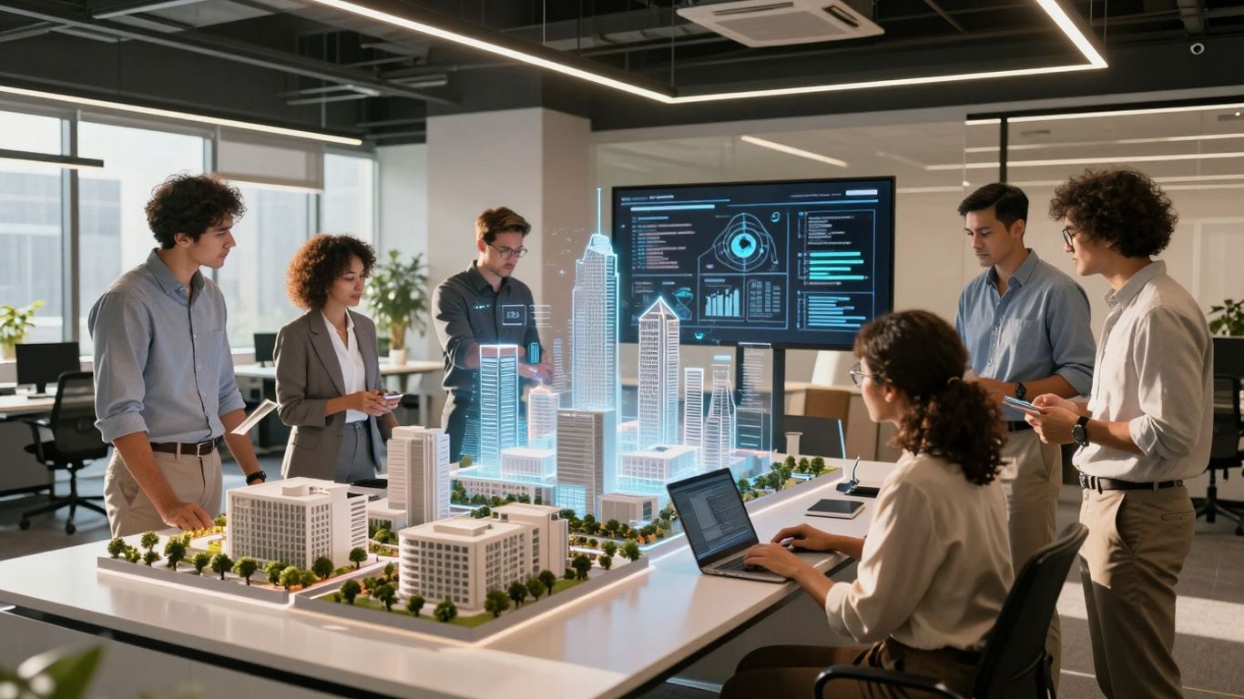 Real estate technology professionals collaborating on digital blueprints.