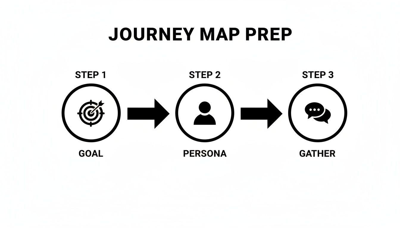Diagram showing three steps for journey map preparation: Goal, Persona, and Gather, connected by arrows.