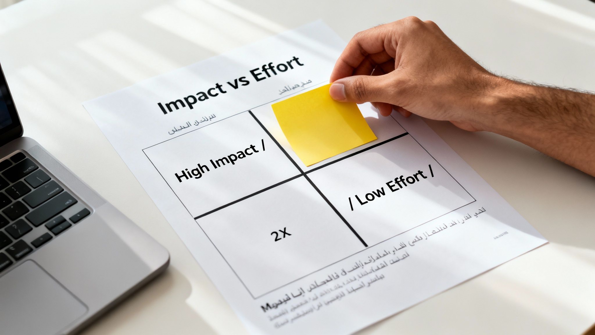 A hand places a yellow sticky note on an 'Impact vs Effort' matrix for task prioritization.