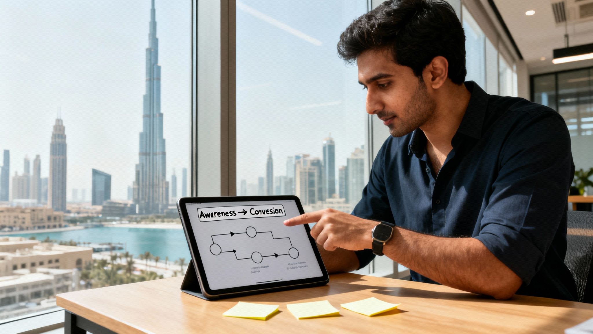 A man points at atablet displaying a marketing funnel diagram from awareness to conversion, with a city view in the background.