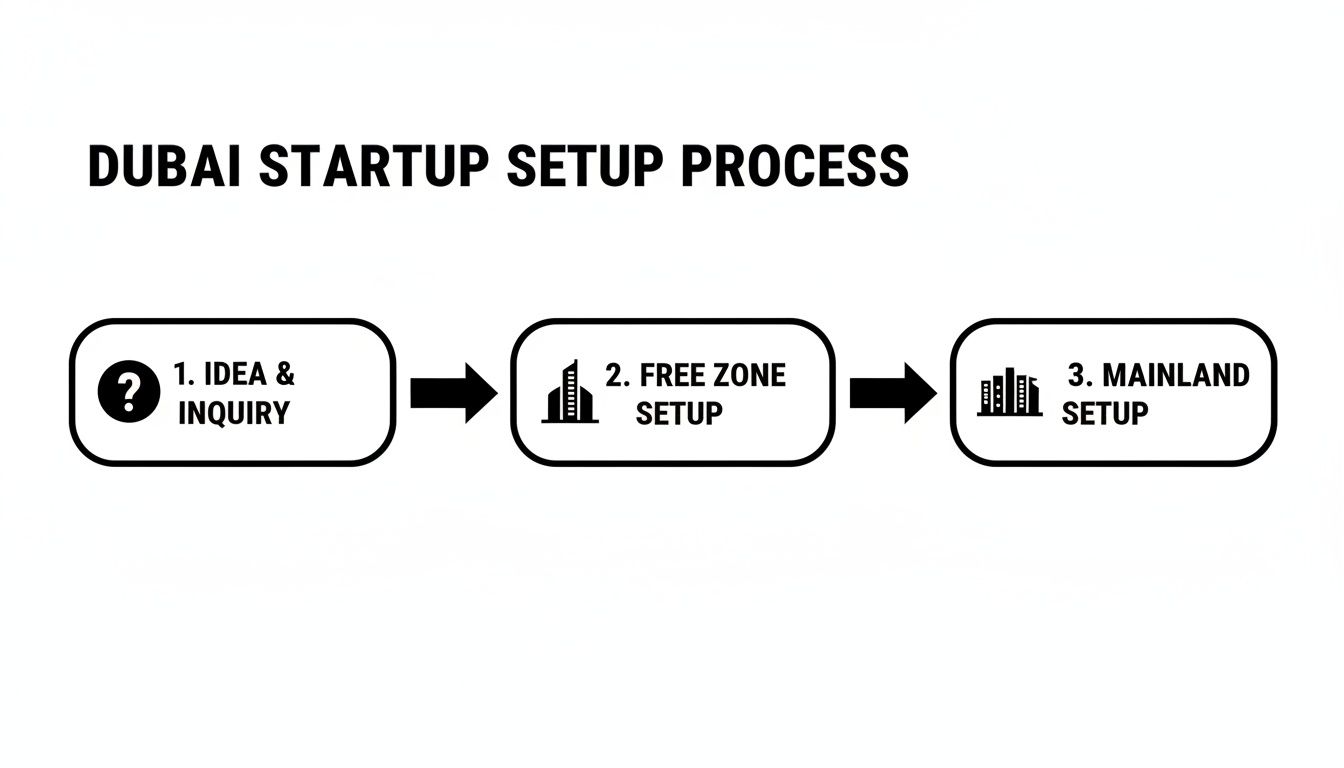 Flowchart detailing the three main steps to establish a startup company in Dubai.