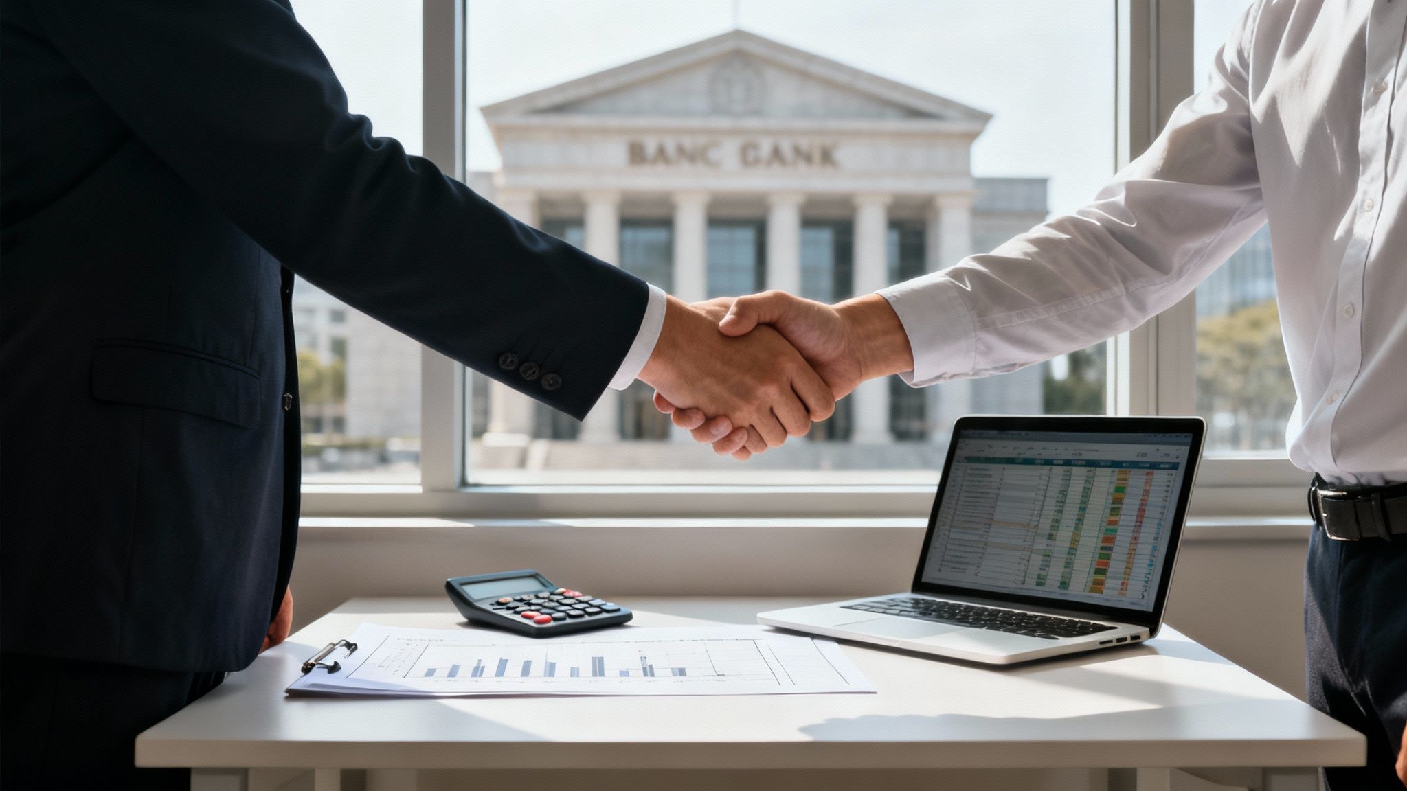 Two businessmen shaking hands over a desk with a laptop and calculator, bank building in background.