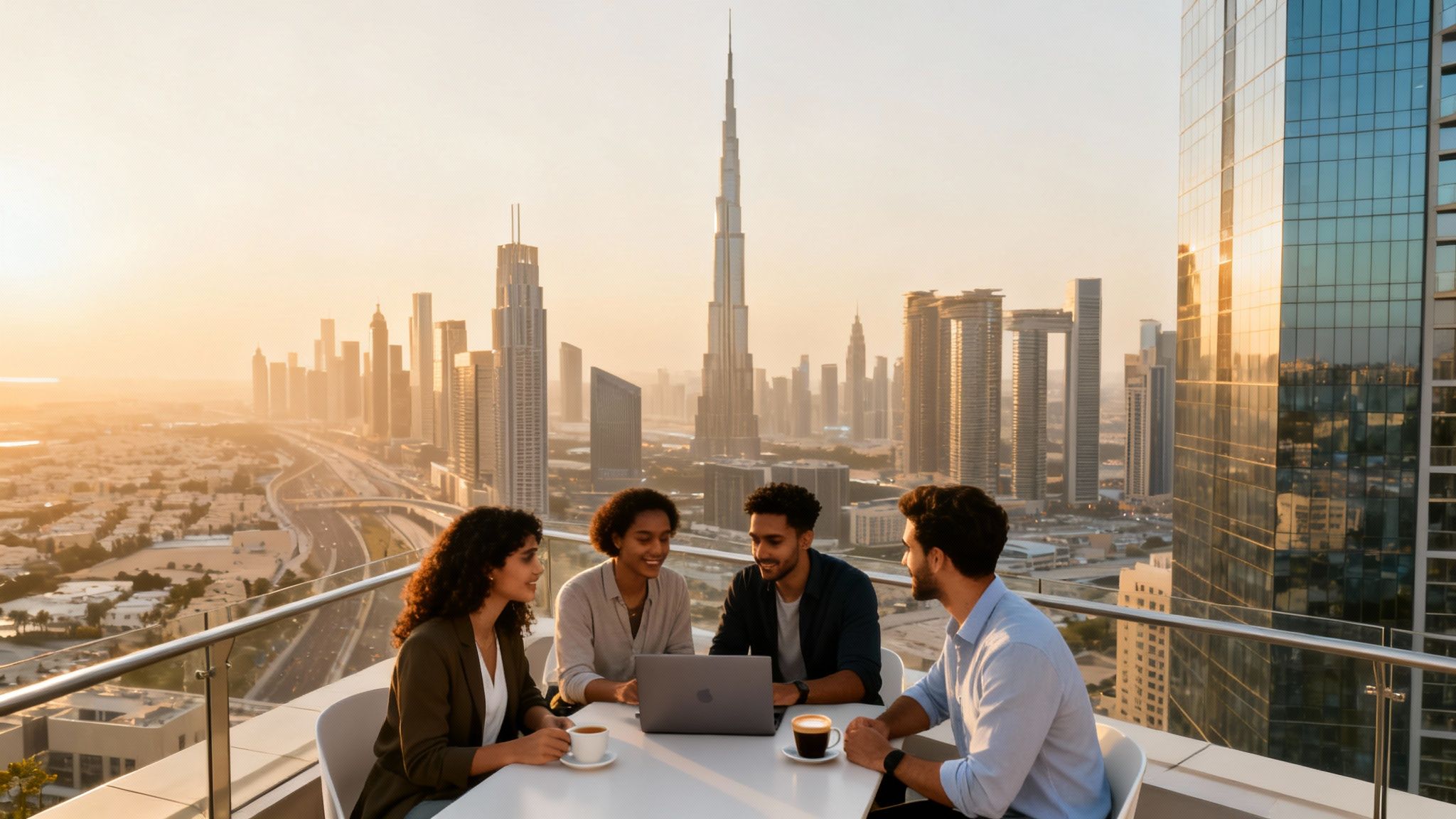Diverse professionals collaborate on a laptop on a rooftop terrace with the Dubai skyline at sunset.